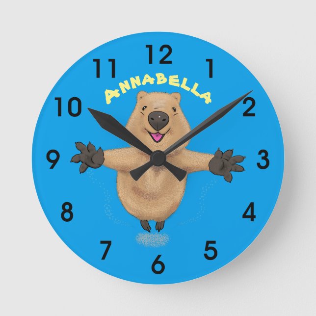 Happy jumping quokka cartoon design round clock (Front)
