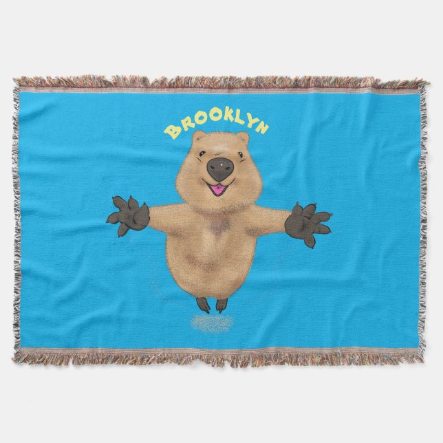 Happy jumping quokka cartoon design throw blanket (Front)