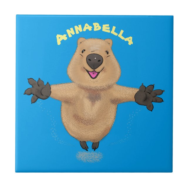 Happy jumping quokka cartoon design tile (Front)