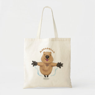 Happy jumping quokka cartoon design tote bag