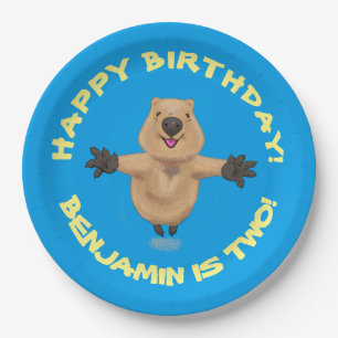 Happy jumping quokka personalised cartoon birthday paper plate