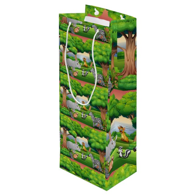 Happy Jungle Animals in a Landscape  Wine Gift Bag (Back Angled)