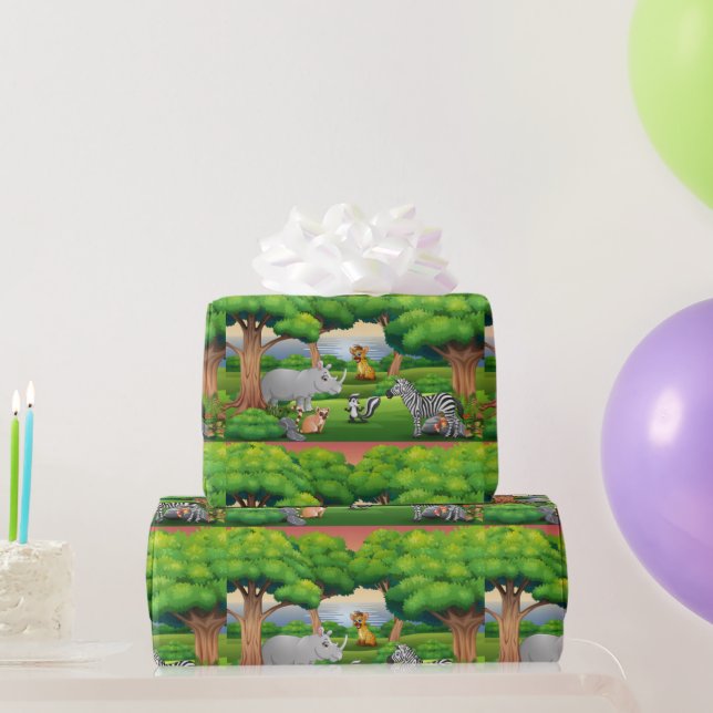 Happy Jungle Animals in a Landscape Wrapping Paper (Party Gifts)