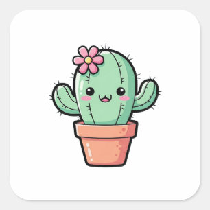 Happy Kawaii Cactus – Cute Illustration Square Sticker