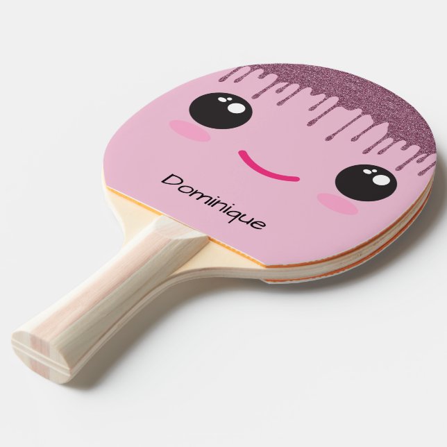 Happy Kawaii Face Faux Glitter Customisable Name  Ping Pong Paddle (Front Angle)