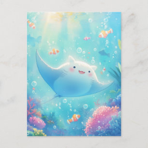 Happy Kawaii Manta Ray Sunlit Reef Postcard