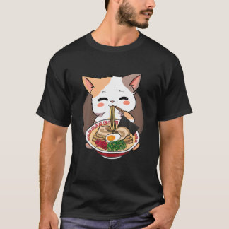 Happy Kawaii Tricolor Cat Eating Ramen Japanese Fo T-Shirt