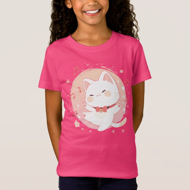 Happy Kawaii White Cat Dancing to Music T-Shirt (Front)