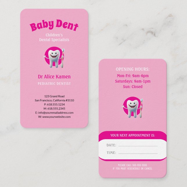 Happy Kids and Tooth Pink | Paediatrics Dentist Business Card (Front/Back)