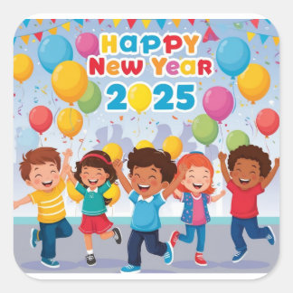 Happy Kids Dancing for New Year 2025 🎉 Square Sticker