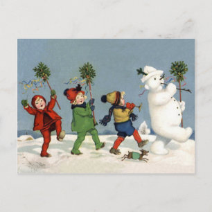 Happy kids walking with snowman, vintage holiday postcard