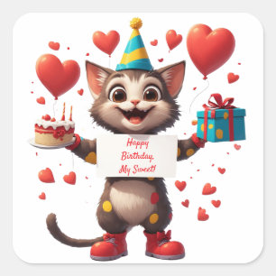 Happy Kitten Birthday With Balloons 🎁 Square Sticker