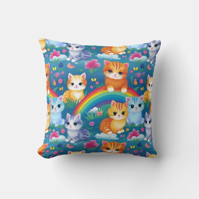 Happy Kitty Cats on Rainbow Clouds Cushion (Front)