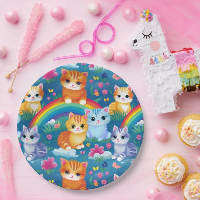 Happy Kitty Cats on Rainbow Clouds Paper Plate (Party)