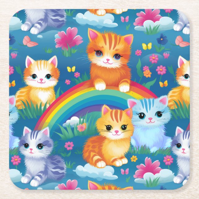 Happy Kitty Cats on Rainbow Clouds Square Paper Coaster (Front)