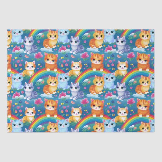 Happy Kitty Cats on Rainbow Clouds Tissue Paper (Front)