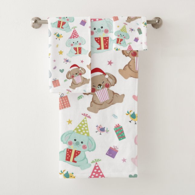 Happy Koala Bear Christmas Pattern Bath Towel Set (Insitu)