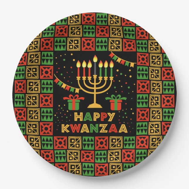 Happy Kwanzaa Candles Red Black Green Yellow 9"    Paper Plate (Front)