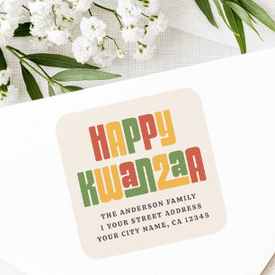 Happy Kwanzaa red green yellow text return address Square Sticker