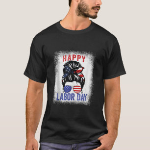 Happy Labor Day Messy Bun USA Flag for Women Tank