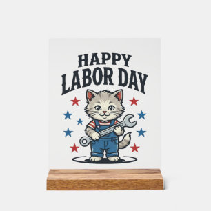 Happy Labour Day Cat Worker Patriotic Vintage Desi Acrylic Sign