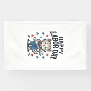 Happy Labour Day Cat Worker Patriotic Vintage Desi Banner