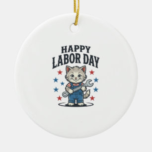 Happy Labour Day Cat Worker Patriotic Vintage Desi Ceramic Tree Decoration
