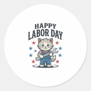 Happy Labour Day Cat Worker Patriotic Vintage Desi Classic Round Sticker