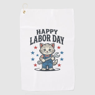 Happy Labour Day Cat Worker Patriotic Vintage Desi Golf Towel