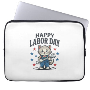 Happy Labour Day Cat Worker Patriotic Vintage Desi Laptop Sleeve