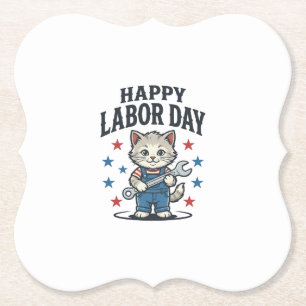 Happy Labour Day Cat Worker Patriotic Vintage Desi Paper Coaster