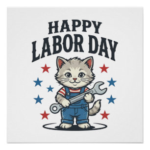 Happy Labour Day Cat Worker Patriotic Vintage Desi Poster