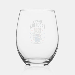 Happy Labour Day Cat Worker Patriotic Vintage Desi Stemless Wine Glass