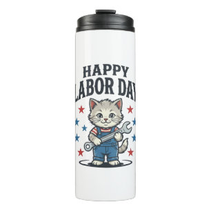 Happy Labour Day Cat Worker Patriotic Vintage Desi Thermal Tumbler