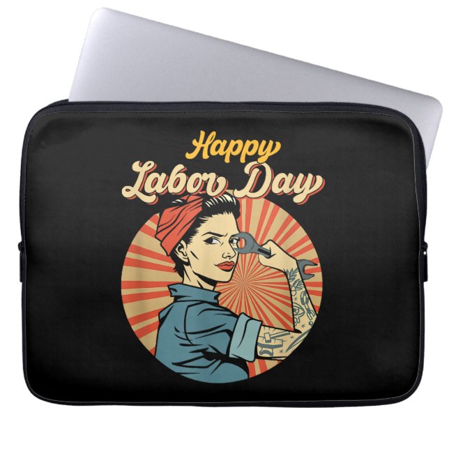 Happy Labour Day Girl Strong Worker Movement Emplo Laptop Sleeve (Front)