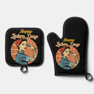 Happy Labour Day Girl Strong Worker Movement Emplo Oven Mitt & Pot Holder Set