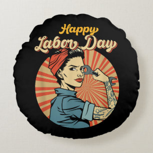 Happy Labour Day Girl Strong Worker Movement Emplo Round Cushion