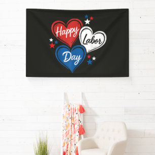 Happy Labour Day Patriotic Hearts Red White Blue Banner