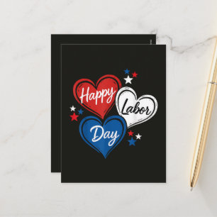Happy Labour Day Patriotic Hearts Red White Blue Holiday Postcard