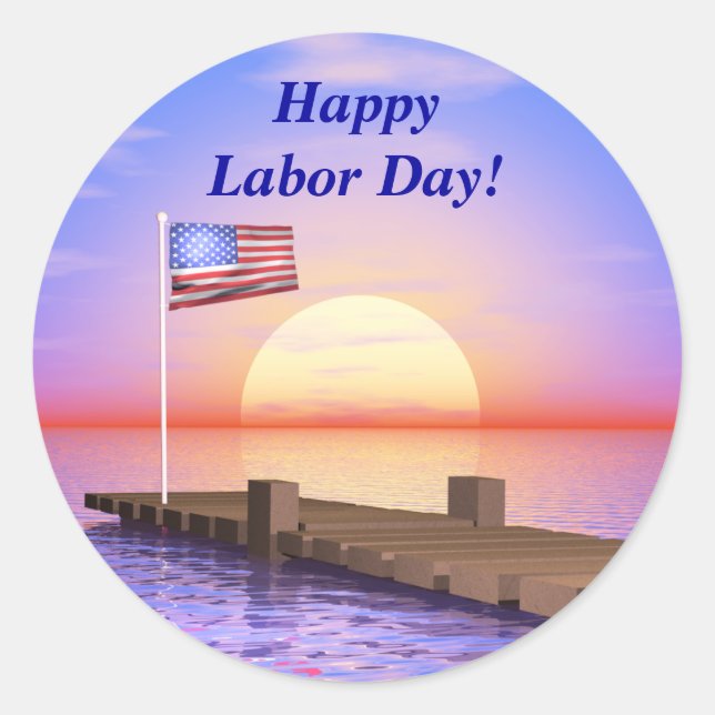 Happy Labour Day US Flag and Dock Classic Round Sticker (Front)