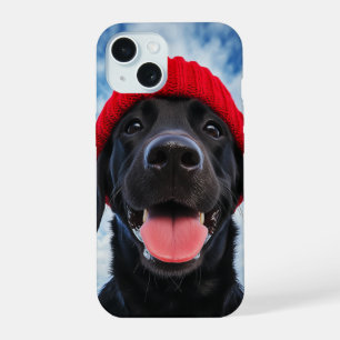 Happy Labrador in a Red Beanie Under a Blue Sky iPhone 15 Case