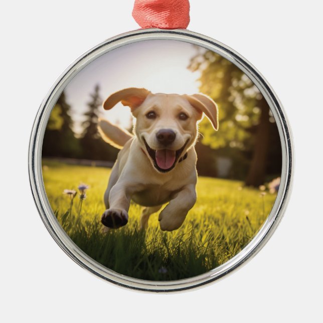 Happy Labrador Puppy Running  Metal Tree Decoration (Front)