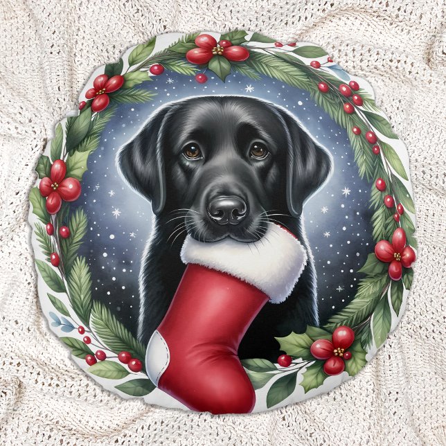 Happy Labrador Retriever Christmas Wreath Dog  Round Cushion (Creator Uploaded)