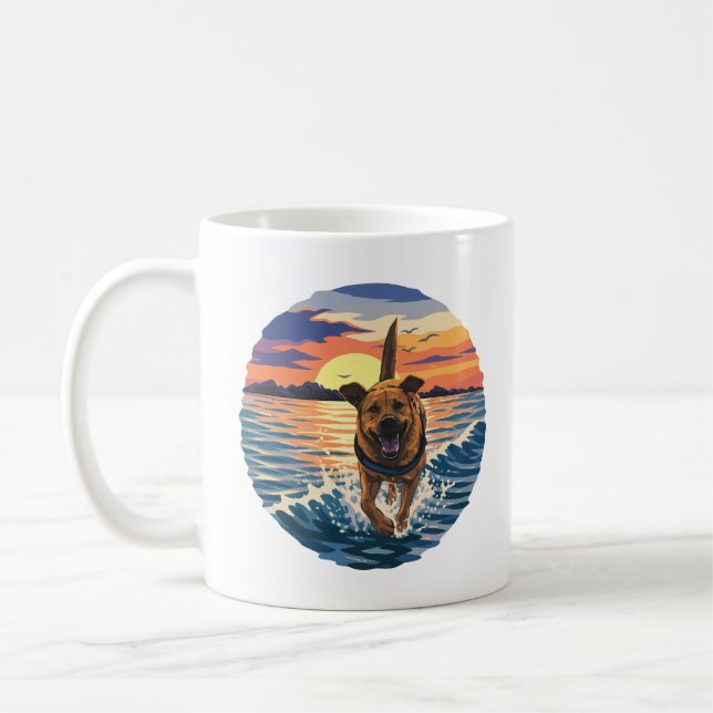 Happy Labrador Running Through Golden Sunset Ocean Coffee Mug (Left)
