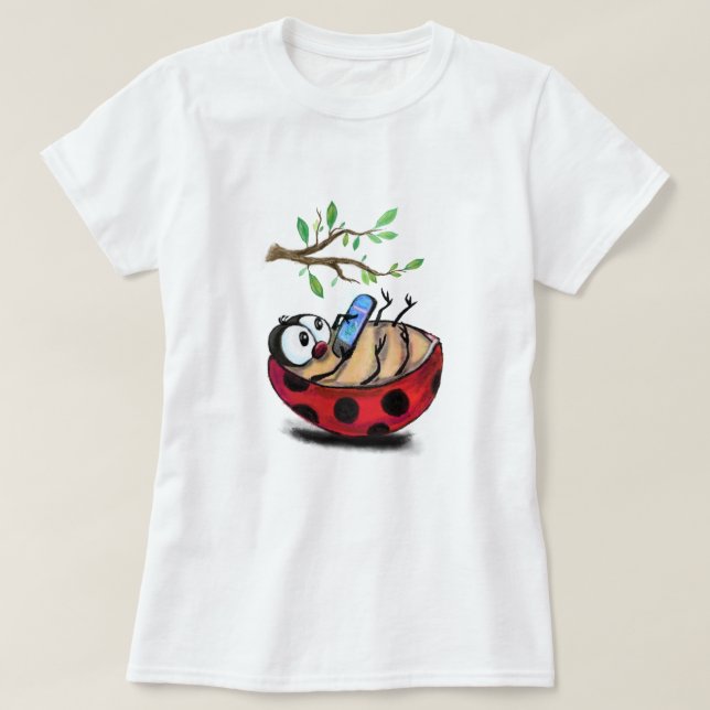 Happy Ladybug with Phone Funny T-Shirt (Design Front)