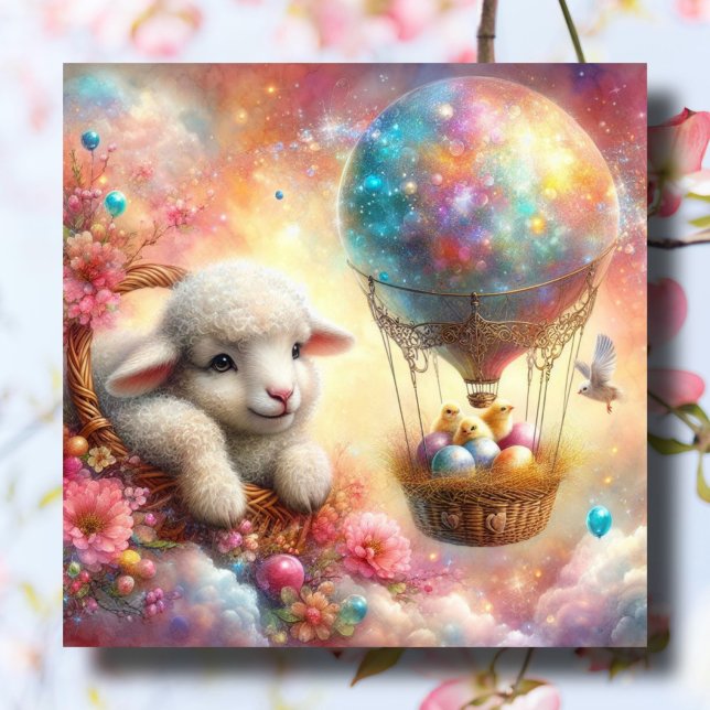 Happy Lamb Cute Baby Chicks Hot Air Balloon Easter Holiday Card (Creator Uploaded)