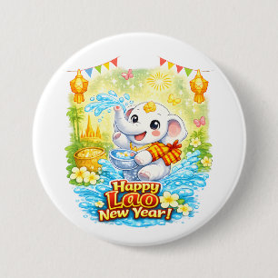 Happy Lao New Year – Cute White Elephant Pi Mai La 7.5 Cm Round Badge