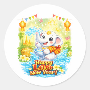 Happy Lao New Year – Cute White Elephant Pi Mai La Classic Round Sticker
