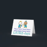 Happy LATKE-days Chanukah Card<br><div class="desc">Chanukah card wishes Happy Happy Happy (x8) LATKE-day. A pair of children in holiday dress and carrying symbols of the holiday decorate the front of the card. Inside,  the customisable greeting reads: May your dreidel always come up gimmel. Fully customisable and personalizable.</div>