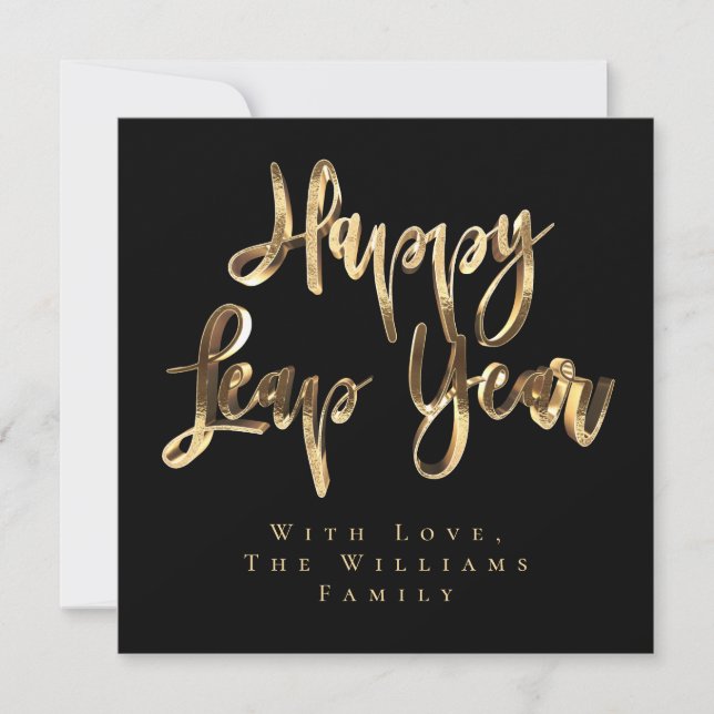 Happy Leap Year Elegant Black and Gold Script Holiday Card (Front)
